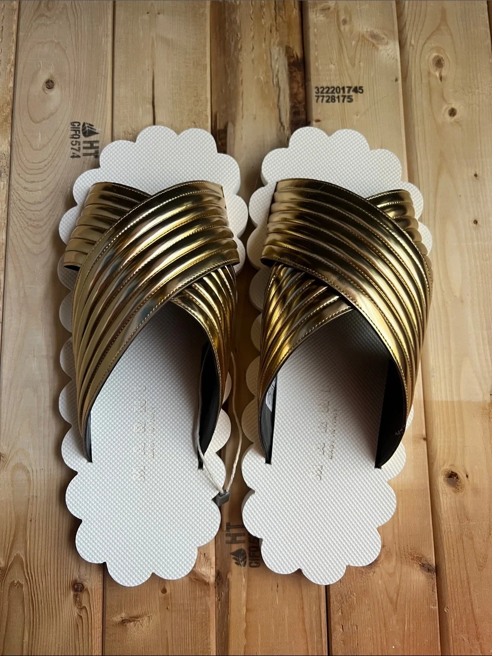 Marni Gold Metallic Strappy Slide Sandals on White Scalloped Sole